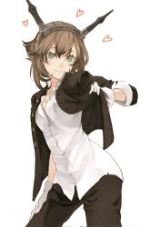 Rule 34 | 1girl, alternate costume, breasts, brown hair, cleavage, cosmic (crownclowncosmic), gakuran, gloves, green eyes, hair ornament, headgear, heart, kantai collection, looking at viewer, mutsu (kancolle), personification, school uniform, shirt, short hair, simple background, smile, solo, white background