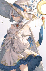 Rule 34 | 1girl, absurdres, blush, bob cut, bow, bowtie, cape, cowboy shot, dress, feathers, frilled dress, frills, grey hair, hair ornament, hair over one eye, hat, hat feather, highres, holding, holding staff, isana615, layered dress, looking at viewer, off-shoulder dress, off shoulder, original, parted lips, red eyes, short hair, simple background, solo, staff, white background, white bow, white bowtie, white dress, white feathers, witch, witch hat, x hair ornament