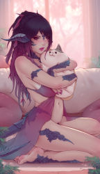 Rule 34 | 1girl, au ra, babydoll, black hair, blurry, blurry background, blush, bottomless, braid, breasts, commentary, dragon horns, dragon tail, english commentary, fat cat (ff14), female pubic hair, final fantasy, final fantasy xiv, from side, gradient hair, horns, hug, lingerie, lips, long hair, looking at viewer, medium breasts, multicolored hair, nail polish, navel, pubic hair, scales, see-through, solo, soranamae, tail, underwear, warrior of light (ff14)