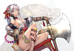 Rule 34 | 1girl, animal ears, axe, barefoot, black hair, boar, boar ears, bow, breasts, chinese zodiac, cleavage cutout, closed mouth, clothing cutout, commentary request, creature, flower, foot out of frame, fur trim, gold trim, grey hair, hair between eyes, hair flower, hair ornament, hairband, hand on own hip, happy new year, highleg, highleg leotard, highres, hitowa, leotard, looking at viewer, medium hair, multicolored hair, new year, original, pink eyes, ponytail, red bow, red hairband, sidelocks, sitting, small breasts, solo, streaked hair, variant set, white background, white hair, year of the pig