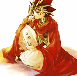 Rule 34 | 1boy, atem, baggy pants, cape, dice, jewelry, lowres, male focus, neck ring, pants, sitting, solo, white background, yu-gi-oh!, yuu-gi-ou, yu-gi-oh! duel monsters