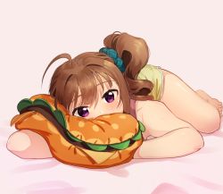 Rule 34 | 1girl, ahoge, bed sheet, blush, brown hair, burger, commentary, dolphin shorts, drill hair, food, green scrunchie, grey background, hair ornament, hair scrunchie, idolmaster, idolmaster million live!, kamille (vcx68), looking at viewer, loungewear, lying, on back, on side, pillow, pink shirt, purple eyes, scrunchie, shirt, shorts, side drill, side ponytail, solo, tank top, yellow shorts, yokoyama nao