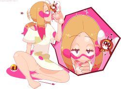 Rule 34 | 1girl, antennae, artist name, blonde hair, blush, bottomless, cleft of venus, collarbone, creatures (company), egg shoppe, feet, fellatio, full body, game freak, gen 7 pokemon, hair ornament, heart, highres, looking at viewer, looking up, mina (pokemon), multiple views, nintendo, oral, paint, paintbrush, penis, poke ball, pokemon, pokemon (creature), pokemon sm, ponytail, purple eyes, pussy, ribombee, saliva, shirt, simple background, sitting, spoken heart, spread legs, sweat, testicles, text focus, uncensored, white background, white shirt, wings
