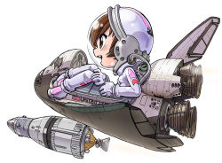 Rule 34 | 00s, 1girl, apollo, apollo program, astronaut, backpack, bag, boots, brown eyes, brown hair, discovery, full body, gloves, helmet, kiichi, morita yukari, nasa, open mouth, rocket girls, saturn v, simple background, solo, space, space shuttle, spacecraft, spacesuit, white background
