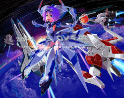 Rule 34 | 12 (xaenedju), 1girl, aqua eyes, r-9a arrowhead, darius (series), elbow gloves, exelica, force (r-type), gloves, gradius, irem, mecha musume, one-piece swimsuit, open mouth, outstretched arms, personification, purple hair, r-9a arrowhead, r-type, school swimsuit, short hair, silver hawk, smile, solo, space, spacecraft, spread arms, swimsuit, swimsuit costume, taito, trigger heart exelica, vic viper, white one-piece swimsuit, white school swimsuit