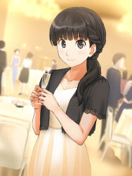 Rule 34 | 1girl, alternate hairstyle, amagami, ayatsuji tsukasa, black hair, black vest, blurry, blurry background, braid, champagne flute, cup, dress, drinking glass, frilled vest, frills, hair over shoulder, highres, holding, holding cup, indoors, long hair, looking at viewer, solo focus, takenoko saba otto, vest, white dress