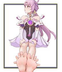 Rule 34 | 1girl, absurdres, barefoot, chromatic aberration, feet, fu xuan (honkai: star rail), hands on own thighs, highres, honkai: star rail, honkai (series), long hair, looking to the side, parted lips, purple eyes, purple hair, soles, toes