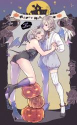 Rule 34 | 2boys, angel and devil, angel wings, bare shoulders, black footwear, black shorts, braid, brown eyes, bug, demon horns, demon tail, demon wings, dual persona, dullahan, dungeon meshi, elf, expressionless, full body, ghost, grey eyes, grey nails, grey shorts, halloween, happy halloween, high heels, highres, holding hands, horns, interlocked fingers, jack-o&#039;-lantern, jack (haist), kneehighs, leaning forward, leaning on person, legs apart, looking at viewer, looking back, mithrun, multiple boys, nail polish, notched ear, one eye closed, pointy ears, purple legwear, shirt, shoes, short hair, shorts, silver hair, skeleton, skindentation, smile, socks, speech bubble, spider, standing, standing on one leg, star (symbol), strapless, striped clothes, striped legwear, striped thighhighs, suspender shorts, suspenders, tail, thighhighs, trick or treat, vertical-striped clothes, vertical-striped legwear, vertical-striped thighhighs, white shirt, wings