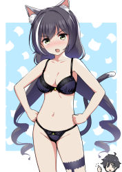 Rule 34 | 1boy, 1girl, animal ear fluff, animal ears, bell, black bra, black hair, black panties, blush, bra, breasts, cat ears, cat tail, collarbone, commentary request, green eyes, hands on own hips, highres, karyl (princess connect!), long hair, looking at viewer, low twintails, medium breasts, mocchisake, multicolored hair, navel, open mouth, panties, princess connect!, streaked hair, tail, thumbs up, twintails, underwear, underwear only, white hair, yuuki (princess connect!)