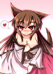 Rule 34 | 1girl, animal ears, blush, breasts, brooch, brown hair, cleavage, dress, fang, fang out, frilled sleeves, frills, heart, highres, imaizumi kagerou, jewelry, karasuma amiru, large breasts, long hair, long sleeves, looking at viewer, red eyes, red skirt, skirt, solo, spoken heart, tail, touhou, wolf ears, wolf tail