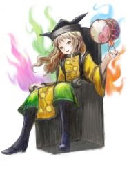 Rule 34 | 1girl, absurdres, aura, bad id, bad pixiv id, blonde hair, boots, brown eyes, brown hair, daiquiri, drum, hat, highres, instrument, long hair, looking at viewer, matara okina, open mouth, sitting, smile, solo, tabard, throne, touhou, tsuzumi, white background, yellow eyes