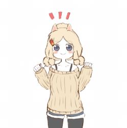 Rule 34 | 10s, 1girl, alpaca ears, alpaca suri (kemono friends), alternate hairstyle, animal ears, beige sweater, black hair, blonde hair, blush, commentary, cowboy shot, hair ornament, hairclip, hands up, horizontal pupils, kemono friends, looking at viewer, medium hair, oekaki paru1215, pantyhose, parted bangs, ribbed sweater, short shorts, shorts, simple background, smile, solo, sweater, white background