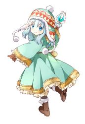Rule 34 | 1girl, beanie, blue eyes, blue hair, blush, boots, dress, etrian odyssey, full body, gloves, hat, jpeg artifacts, looking back, matching hair/eyes, namori, rune master (sekaiju), rune master 2 (sekaiju), sekaiju no meikyuu, sekaiju no meikyuu 4, simple background, smile, solo, white background