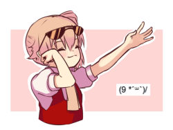 Rule 34 | 1girl, ^ ^, arms up, ascot, blonde hair, blush, clenched hand, closed eyes, commentary, cropped torso, english commentary, eyewear on head, flandre scarlet, hair between eyes, no headwear, outline, pink background, puffy short sleeves, puffy sleeves, red vest, shirt, short sleeves, side ponytail, smile, solo, sunglasses, touhou, two-tone background, upper body, vest, white background, white outline, white shirt, yellow ascot, yoruny