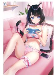 Rule 34 | 1girl, :o, absurdres, animal ear fluff, animal ears, bare shoulders, bell, black hair, blue bow, blue eyes, blush, border, bow, bow bra, bow panties, bra, breasts, bridal garter, cat ears, cat girl, cat tail, cellphone, choker, cleavage, collarbone, couch, curtains, frilled choker, frilled pillow, frills, handheld game console, highres, holding, holding handheld game console, indoors, jingle bell, knee up, medium breasts, melonbooks, momoshiki tsubaki, nail polish, neck bell, nintendo 3ds, nintendo ds, non-web source, on couch, open mouth, original, panties, phone, pillow, pink bow, pink bra, pink panties, playing games, red nails, ribbon-trimmed panties, scan, short hair, sitting, smartphone, solo, tail, tail bow, tail ornament, tail raised, underwear, underwear only, white border, white choker