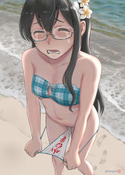 Rule 34 | 1girl, aqua bikini, aqua hairband, artist logo, beach, bikini, black hair, closed eyes, collarbone, crying, feet out of frame, female focus, flower, glasses, hair between eyes, hair flower, hair ornament, hairband, highres, kantai collection, long hair, mu-pyon, navel, ocean, ooyodo (kancolle), open mouth, outdoors, pulled by self, solo, standing, swimsuit, translation request, twitter username, white flower