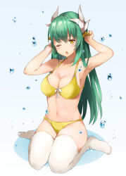 Rule 34 | 1girl, bikini, breasts, cleavage, fate/grand order, fate (series), green hair, highres, horns, kiyohime (fate), large breasts, long hair, looking at viewer, mochii, one eye closed, sitting, solo, swimsuit, thighhighs, wariza, water, white thighhighs, yellow bikini, yellow eyes