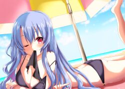 Rule 34 | 1girl, absurdres, arm support, ass, back, beach, beach umbrella, bikini, black bikini, blue hair, blue sky, blush, breasts, cleavage, closed mouth, collarbone, commentary request, crossed arms, dutch angle, eyelashes, eyes visible through hair, from side, hair between eyes, hair spread out, highres, large breasts, long hair, looking at viewer, lying, mouth hold, o-ring, o-ring bikini, o-ring bottom, ocean, off shoulder, on stomach, one eye closed, partial commentary, red eyes, ribbon, ribbon in mouth, ringed eyes, sidelocks, sky, smile, solo, sorakado ao, sparkle, summer pockets, swimsuit, the pose, twitter username, umbrella, very long hair, yaki-ayato