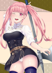 Rule 34 | 1girl, axe, belt, breasts, fire emblem, fire emblem: three houses, garreg mach monastery uniform, highres, hilda valentine goneril, holding, holding axe, long hair, medium breasts, nintendo, one eye closed, open mouth, panties, pink eyes, pink hair, signdasuyo, skindentation, solo, thick thighs, thighhighs, thighs, twintails, underwear, uniform, white panties, zettai ryouiki
