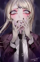 Rule 34 | 1girl, @ @, black necktie, blonde hair, blush, brown jacket, charlotte van halen, clenched teeth, collared shirt, commission, disgust, hands up, indie virtual youtuber, jacket, long sleeves, mile (off8mile), necktie, pale skin, ponytail, shirt, skeb commission, solo, teeth, third eye, upper body, virtual youtuber, white eyes, white shirt, wide-eyed, wing collar
