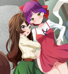 Rule 34 | 1boy, 2girls, :d, aged up, arm hug, blue eyes, blush, bow, brown hair, chisato (missing park), closed mouth, couple, dress, gegege no kitarou, green skirt, hair bow, hand on own hip, inuyama mana, kitarou, long hair, long sleeves, looking at viewer, multiple girls, nekomusume, nekomusume (gegege no kitarou 6), open mouth, panties, purple hair, red bow, red dress, ribbed sweater, shirt, short hair, skirt, smile, sweater, tears, underwear, white panties, white shirt, yellow eyes, yuri