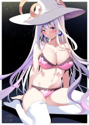 Rule 34 | 1girl, absurdres, azur lane, bare shoulders, blue eyes, blush, border, bra, breasts, cleavage, closed mouth, crescent, crescent earrings, crescent hat ornament, earrings, guichen (azur lane), hat, hat ornament, highres, jewelry, lace, lace-trimmed bra, lace-trimmed panties, lace trim, large breasts, large hat, lingerie, mismatched earrings, mole, mole under mouth, navel, night, night sky, origami aya, outside border, panties, pink bra, pink panties, purple hair, signature, sitting, sky, smile, solo, star (sky), starry sky, stomach, thighhighs, underwear, white border, white hat, white thighhighs, witch hat