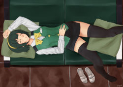 Rule 34 | 1girl, arm up, artist name, black skirt, black thighhighs, bow, bowtie, collared shirt, couch, cushion, closed eyes, fuyube gin (huyube), green hair, green upholstery, green vest, hairband, hand on own stomach, idolmaster, idolmaster (classic), lying, mole, mole under mouth, name tag, on back, otonashi kotori, pencil skirt, shirt, shoes, unworn shoes, short hair, side slit, signature, skirt, sleeping, solo, thighhighs, vest