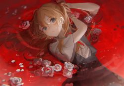 Rule 34 | 1girl, absurdres, afloat, arms up, blue dress, blue eyes, brown hair, cowboy shot, dress, flower, hair ornament, highres, lcl, long hair, looking at viewer, neon genesis evangelion, oyuyu, parted lips, petals, school uniform, shirt, short sleeves, solo, souryuu asuka langley, tying hair, white flower, white shirt