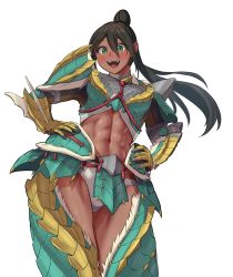 Rule 34 | 1girl, :d, abs, absurdres, armor, armored boots, bikini, black hair, blue sky, blurry, blush, boots, breasts, cherry blossoms, cowboy shot, crop top, dark skin, day, faulds, floating hair, from below, gauntlets, green armor, green eyes, green footwear, hair between eyes, high ponytail, highres, long hair, looking to the side, medium breasts, midriff, monju (monster hunter), monster hunter (character), monster hunter (series), monster hunter rise, muscular, muscular female, navel, open mouth, shoulder armor, sidelocks, simple background, sky, smile, solo, standing, swimsuit, teeth, toin (iitoin), tree, upper teeth only, white background, white bikini, zinogre (armor)