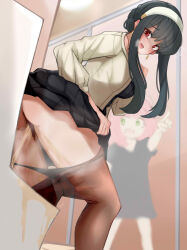 Rule 34 | 2girls, absurdres, anya (spy x family), ass, bent over, black dress, black hair, black panties, black shirt, black skirt, blurry, blush, breasts, clothes lift, clothes pull, depth of field, dress, earrings, female focus, fu-chan (artist), green eyes, hairband, highres, jewelry, long sleeves, looking at another, looking back, medium breasts, multiple girls, open mouth, panties, panty pull, pantyhose, pantyhose pull, peeing, pink hair, pointing, pubic hair, red eyes, shirt, sidelocks, skirt, skirt lift, spy x family, sweatdrop, sweater, tears, underwear, urinal, white sweater, yor briar