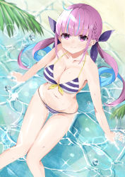 Rule 34 | 1girl, absurdres, akagikou, beach, bikini, braid, breasts, cleavage, colored inner hair, highres, hololive, in water, knees together feet apart, large breasts, long hair, minato aqua, minato aqua (hololive summer 2019), multicolored hair, palm leaf, purple eyes, purple hair, sitting, smile, solo, string bikini, striped bikini, striped clothes, swimsuit, twintails, two-tone hair, virtual youtuber, water drop
