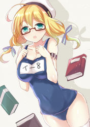 Rule 34 | 10s, 1girl, :o, ahoge, aqua eyes, bad id, bad pixiv id, bare shoulders, blush, book, breasts, brown-framed eyewear, cleavage, covered navel, glasses, hair ribbon, hands on own chest, harimoji, hat, i-8 (kancolle), kantai collection, large breasts, looking at viewer, low twintails, name tag, one-piece swimsuit, ribbon, sailor hat, school swimsuit, semi-rimless eyewear, simple background, solo, swimsuit, twintails, white background