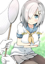 Rule 34 | 10s, 1girl, absurdres, black pantyhose, blue eyes, blush, breast hold, breasts, butterfly net, commentary request, frown, gloves, hair ornament, hair over one eye, hairclip, hamakaze (kancolle), hand net, highres, kantai collection, large breasts, looking at viewer, neckerchief, pantyhose, pleated skirt, pov, pov hands, ryuki (ryukisukune), school uniform, serafuku, short hair, silver hair, sitting, skirt, solo focus, sweat, white gloves, yellow neckerchief