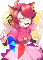 Rule 34 | 1girl, absurdres, akana su yutta, animal ear fluff, animal ears, bell, cat ears, cat girl, gloves, green eyes, hair bell, hair ornament, heart pendant, highres, holding, holding weapon, jewelry, mad mew mew, open mouth, pendant, pink hair, pink shirt, pink skirt, sharp teeth, shirt, simple background, skirt, smile, solo, teeth, undertale, weapon