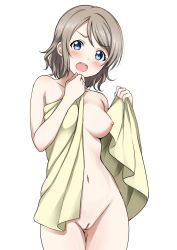 Rule 34 | 10s, 1girl, acrux, blue eyes, blush, breasts, cleft of venus, female focus, grey hair, highres, looking at viewer, love live!, love live! sunshine!!, medium breasts, navel, nipples, nude, open mouth, pussy, short hair, simple background, solo, standing, uncensored, watanabe you, white background