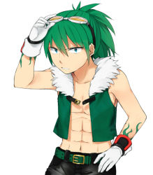 Rule 34 | 1boy, abs, belt, blue eyes, gloves, goggles, goggles on head, green hair, jet the hawk, male focus, personification, ponytail, solo, sonic (series), sonic riders, topless male, tsuduya (knt31), vest
