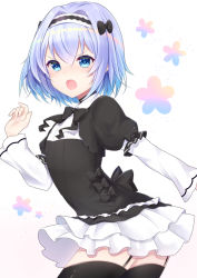 Rule 34 | 10s, 1girl, :o, black bow, black dress, black thighhighs, blue eyes, blue hair, bow, commentary request, dress, garter straps, hair between eyes, hair bow, hair intakes, hairband, hand up, highres, layered sleeves, long sleeves, looking at viewer, looking to the side, open mouth, puffy short sleeves, puffy sleeves, ryuuou no oshigoto!, shiarisu, short over long sleeves, short sleeves, solo, sora ginko, tears, thighhighs, v-shaped eyebrows, white background