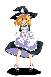 Rule 34 | 1girl, apron, blonde hair, braid, female focus, gin (shioyude), hair ribbon, hat, hat ribbon, highres, kirisame marisa, mary janes, open mouth, petticoat, ribbon, shoes, side braid, skirt, smile, socks, solo, touhou, v arms, witch, witch hat, yellow eyes