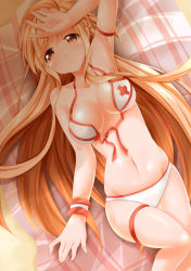 Rule 34 | 10s, 1girl, armpits, asuna (sao), beach, bikini, bracelet, brown eyes, brown hair, jewelry, long hair, looking at viewer, lying, navel, on back, outdoors, s-ram, sand, skindentation, smile, solo, swimsuit, sword art online, thigh strap, untied, wristband