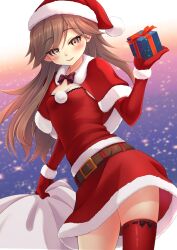 Rule 34 | 1girl, absurdres, arashio (kancolle), blush, box, brown eyes, brown hair, christmas, closed mouth, cowboy shot, gift, gift box, gloves, hat, highres, holding, holding gift, holding sack, kantai collection, long hair, makura (y makura), pom pom (clothes), red gloves, red hat, red thighhighs, sack, santa costume, santa hat, single thighhigh, smile, solo, thighhighs
