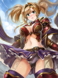 Rule 34 | 10s, 1girl, aqua eyes, armor, belt, blonde hair, blush, braid, breasts, cleavage, edobox, female focus, frilled skirt, frills, from below, granblue fantasy, hairband, large breasts, long hair, looking at viewer, navel, open mouth, panties, red armor, skirt, sky, solo, thighhighs, twintails, underwear, zeta (granblue fantasy)