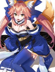 Rule 34 | 10s, 1girl, animal ears, blue legwear, blue ribbon, breasts, cleavage, detached sleeves, fang, fate/extra, fate/grand order, fate (series), fox ears, fox tail, fuotchan, hair ribbon, highres, japanese clothes, large breasts, looking at viewer, looking up, open mouth, pink hair, ribbon, simple background, solo, tail, tamamo (fate), tamamo no mae (fate/extra), white background, yellow eyes