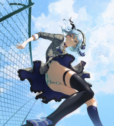 Rule 34 | 1girl, asymmetrical legwear, bad id, bad twitter id, black socks, blue eyes, blue hair, chain-link fence, commentary request, dino (dinoartforame), dress, fence, frilled dress, frills, from below, grey dress, grey hat, hat, highres, hololive, hoshimachi suisei, hoshimachi suisei (1st costume), kneehighs, long sleeves, looking down, panties, plaid, plaid dress, single kneehigh, single sock, single thighhigh, socks, solo, striped clothes, striped panties, thigh strap, thighhighs, underwear, uneven legwear, virtual youtuber
