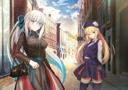 Rule 34 | 2girls, alternate costume, arms behind back, artoria caster (fate), artoria pendragon (fate), bag, beret, black bag, black dress, blonde hair, blue bow, blue eyes, blue hat, blue ribbon, blue skirt, blue thighhighs, blue vest, bow, braid, breasts, building, chain, chain necklace, closed mouth, cloud, cloudy sky, collared dress, collared shirt, contemporary, dress, fate/grand order, fate (series), french braid, green eyes, grey hair, hair between eyes, hair bow, handbag, hat, jewelry, long hair, long sleeves, looking at viewer, medium breasts, mishiro (ixtlolton), morgan le fay (fate), multiple girls, neck ribbon, necklace, parody, ponytail, ribbon, shirt, sidelocks, skirt, sky, smile, solo, style parody, takeuchi takashi (style), thighhighs, twintails, very long hair, vest, white shirt
