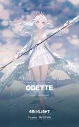 Rule 34 | 1girl, 2022, aqua eyes, aqua hair, artist request, ballet slippers, character name, company name, copyright name, copyright notice, dress, english text, feathered wings, grimlight, highres, holding, holding staff, long hair, looking at viewer, low wings, odette (grimlight), official art, pantyhose, parted lips, solo, staff, white pantyhose, white wings, wings