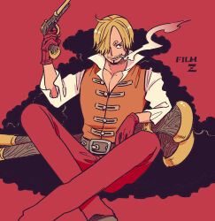 Rule 34 | 1boy, belt, black coat, blonde hair, brown vest, cigarette, coat, commentary request, crossed legs, curly eyebrows, facial hair, gun, hair over one eye, hatch (8cco), holding, holding gun, holding weapon, looking to the side, male focus, one piece, one piece film: z, pants, red background, red pants, rifle, sanji (one piece), shirt, short hair, simple background, sitting, smoke, solo, vest, weapon
