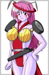 Rule 34 | 1990s (style), 1girl, android, antennae, bad id, breasts, cleavage, colored skin, female focus, hand on own hip, headlight, large breasts, long hair, pink hair, primarda, purple skin, red eyes, retro artstyle, smile, solo, steering wheel, tire, windshield wiper, yuusha ou gaogaigar, yuusha series
