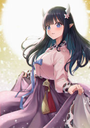 Rule 34 | 1girl, 2021, absurdres, black hair, blue eyes, blush, chinese zodiac, floral print, flower, hair flower, hair ornament, hanbok, highres, horns, kim nag-seo, korean clothes, long hair, long sleeves, looking at viewer, new year, original, ox horns, parted lips, pink flower, pointy ears, smile, solo, year of the ox
