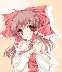 Rule 34 | 1girl, ascot, bare shoulders, blush, bow, brown hair, collar, collared dress, detached sleeves, dress, eyes visible through hair, frills, hair between eyes, hair ornament, hair tubes, hakurei reimu, hands up, highres, large bow, long sleeves, looking at viewer, medium hair, open mouth, orange (moekibarasensei), red bow, red dress, red eyes, shadow, simple background, solo, touhou, wide sleeves, yellow ascot, yellow background