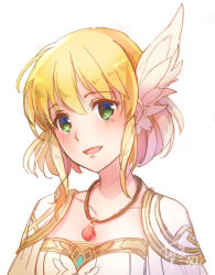 Rule 34 | 1girl, :d, armor, blonde hair, collarbone, feather hair ornament, feathers, fire emblem, green eyes, hair between eyes, hair ornament, highres, jewelry, nanna (fire emblem), necklace, nintendo, open mouth, ponytail, short hair, simple background, smile, solo, tarayuki, white armor, white background, white feathers